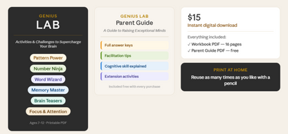 Genius Lab | Cognitive Workbook for Kids+ Parent Guide | Instant PDF Download