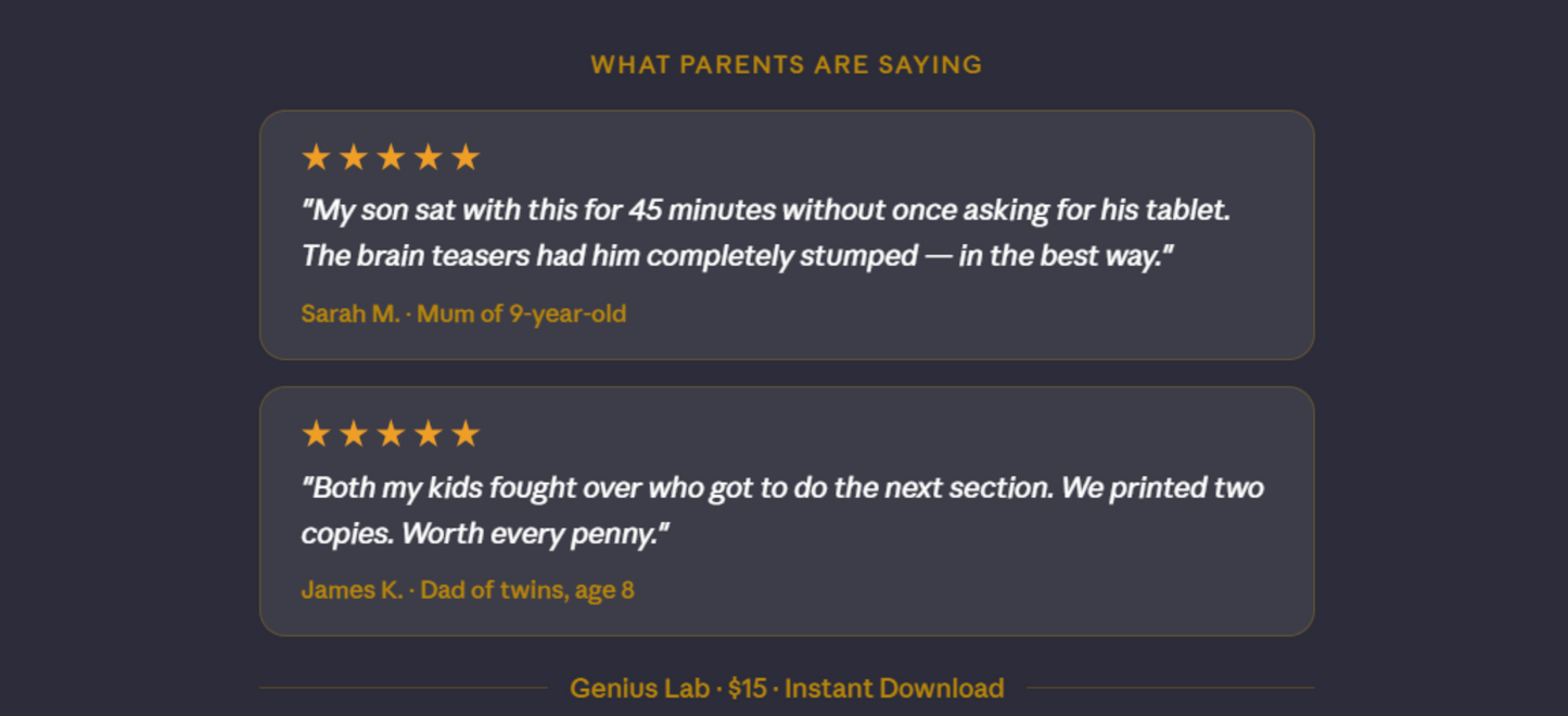 Genius Lab | Cognitive Workbook for Kids+ Parent Guide | Instant PDF Download