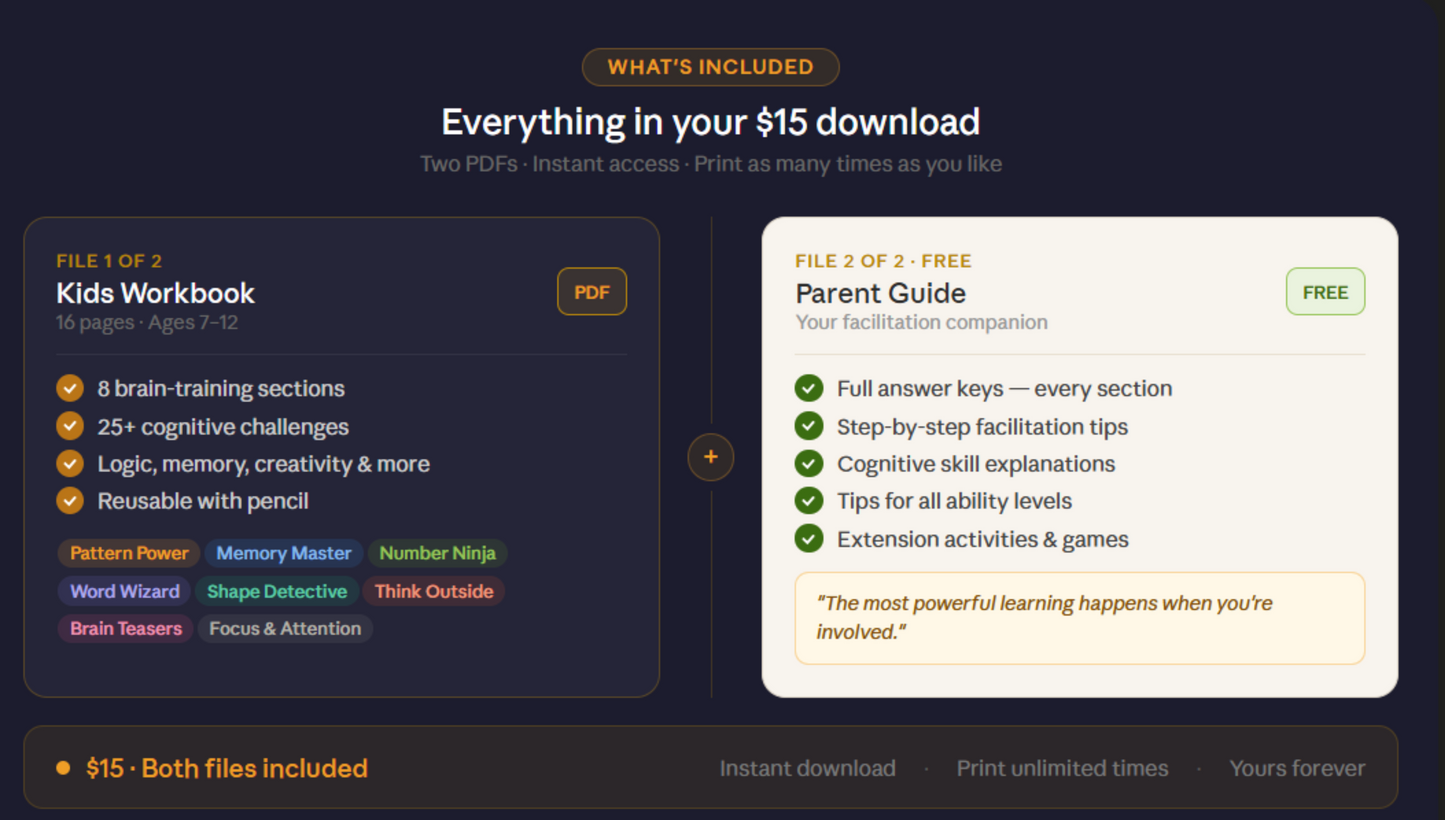 Genius Lab | Cognitive Workbook for Kids+ Parent Guide | Instant PDF Download